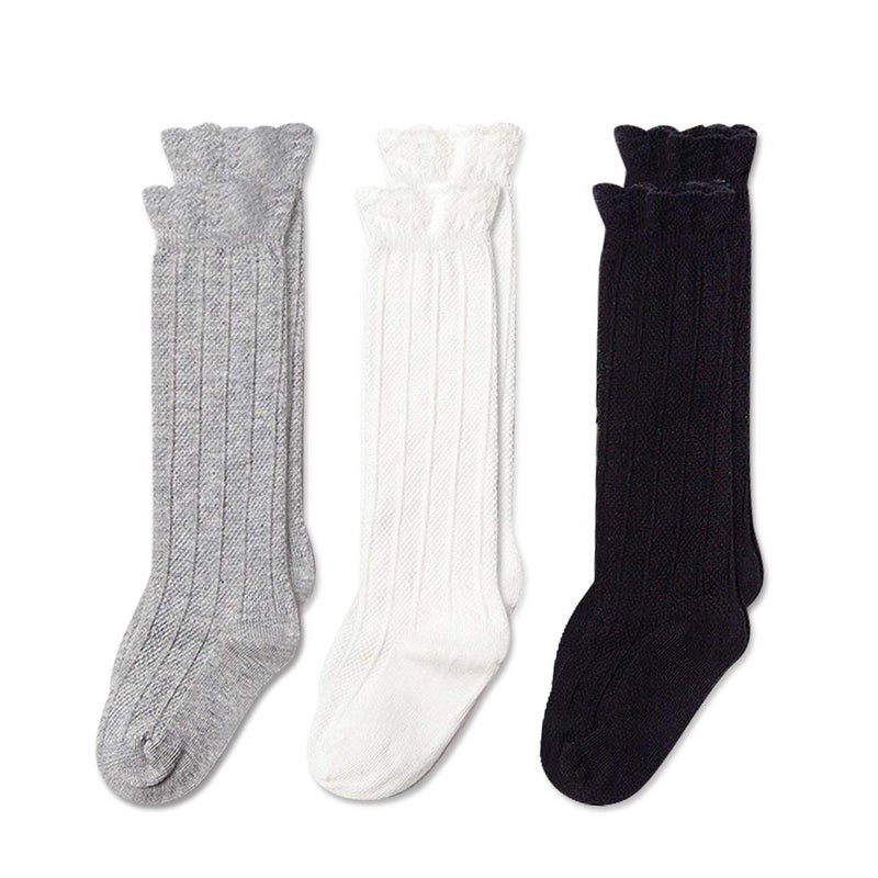 EPEIUS Baby Knee High Socks - Newborn Baby Girl Ruffle Socks,Seamless Baby Stockings,Cotton Rich Over the Knee Sox 0-6 Months,Black White Grey 3 Pack - Image 1